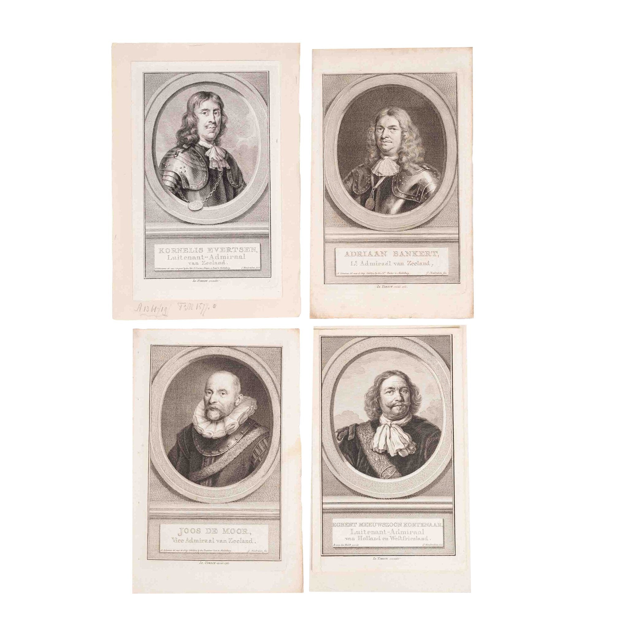 Vier portretten admiralen, J. Houbraken, ca. 1749-1760