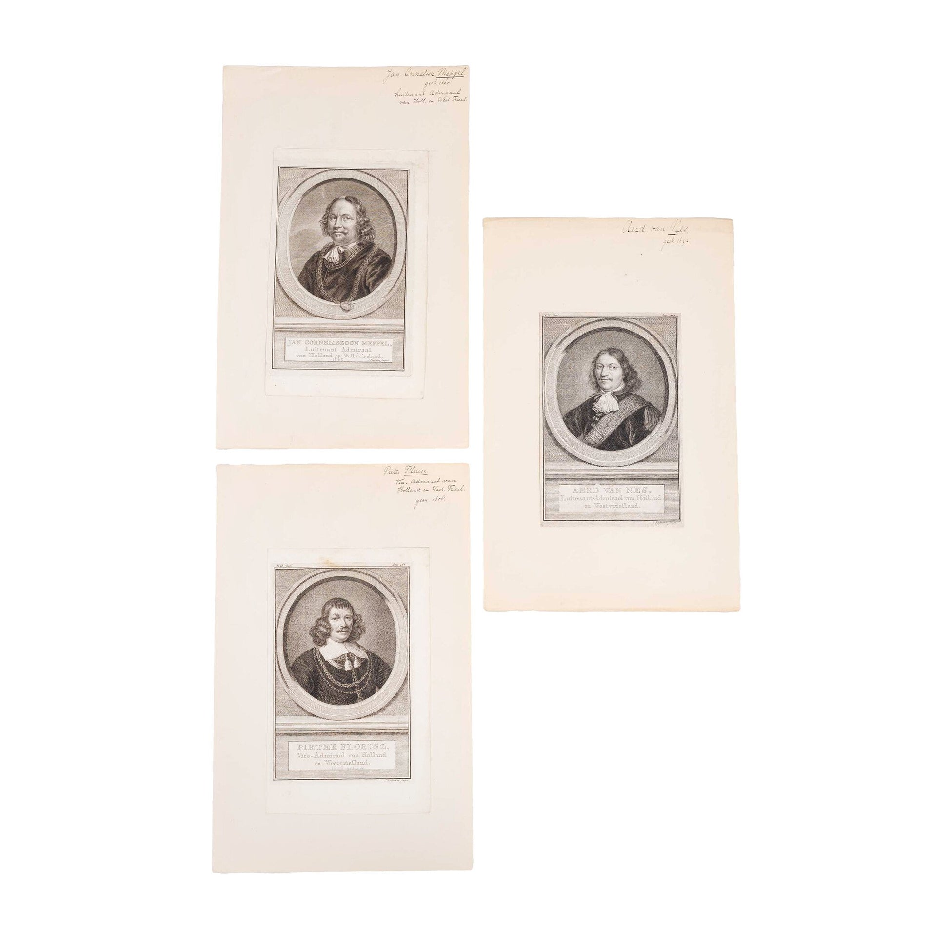 Drie portretten van admiralen van Holland en Westfriesland, J. Houbraken, ca. 1749-1760-1