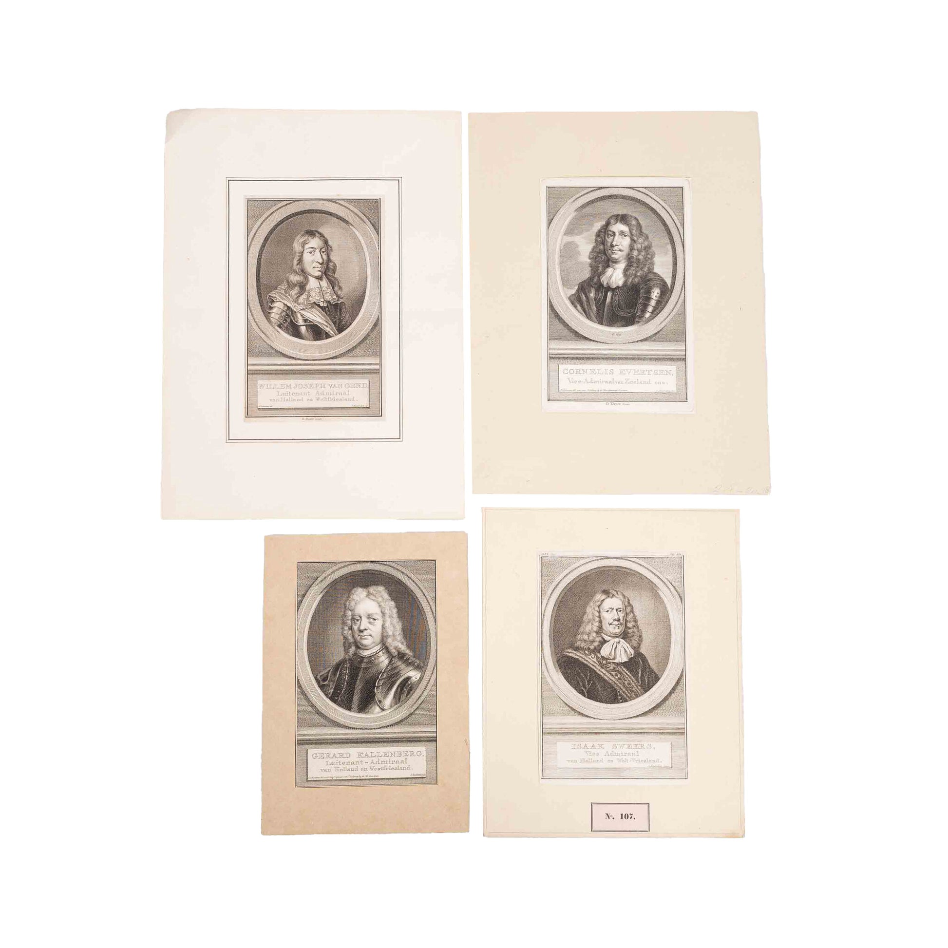 Vier portretten van admiralen, J. Houbraken, ca. 1749-1760-1