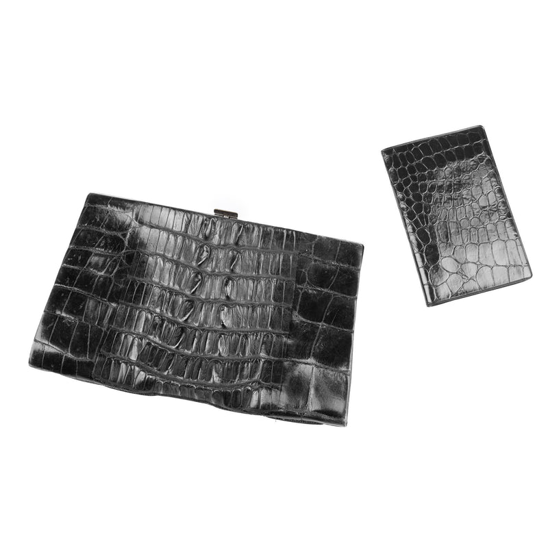 Zwarte clutch van reptielen leer en notitieblokje, 20e eeuw-zoom-