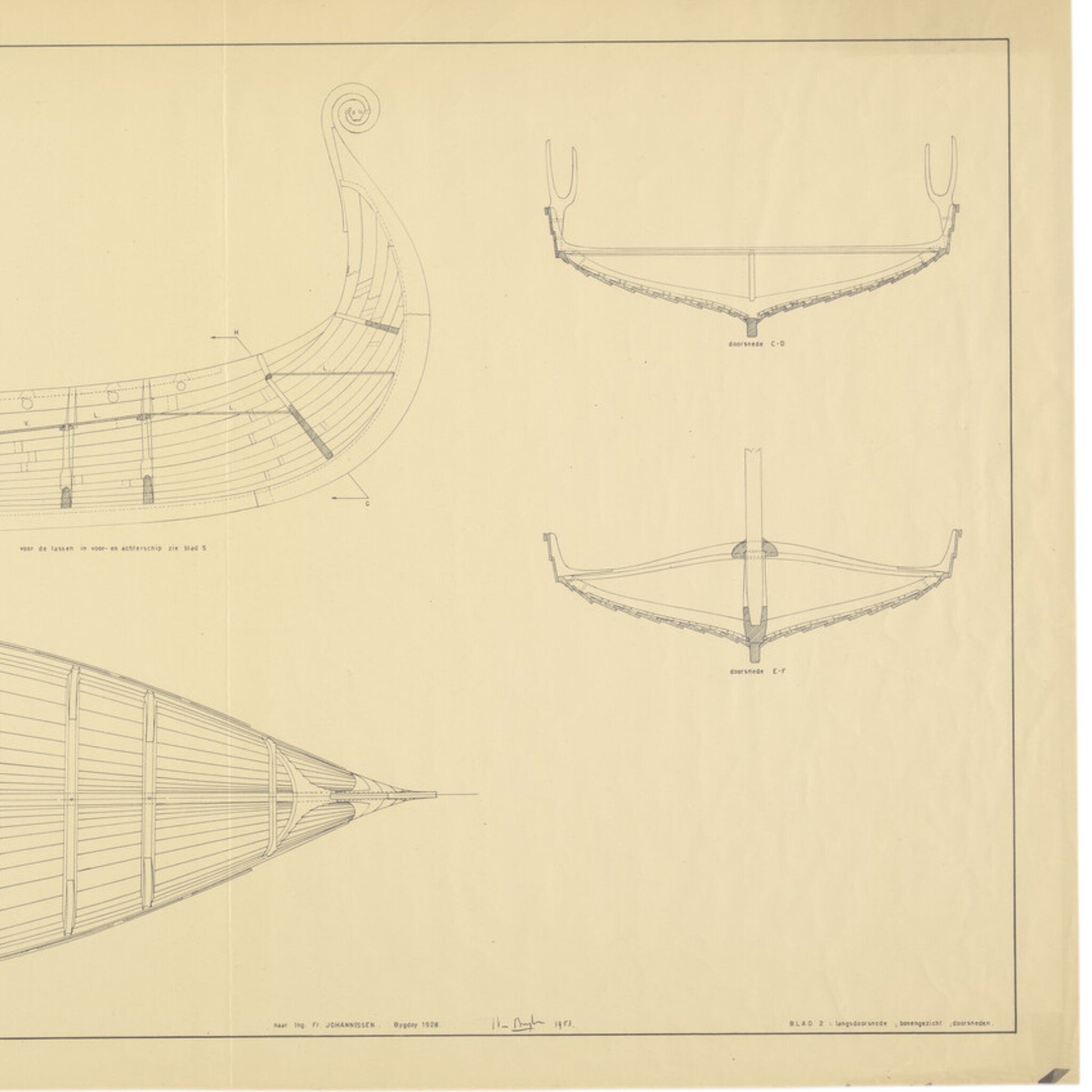 Reconstructietekening van het 'Osebergschip' (blad 2), 1953-3