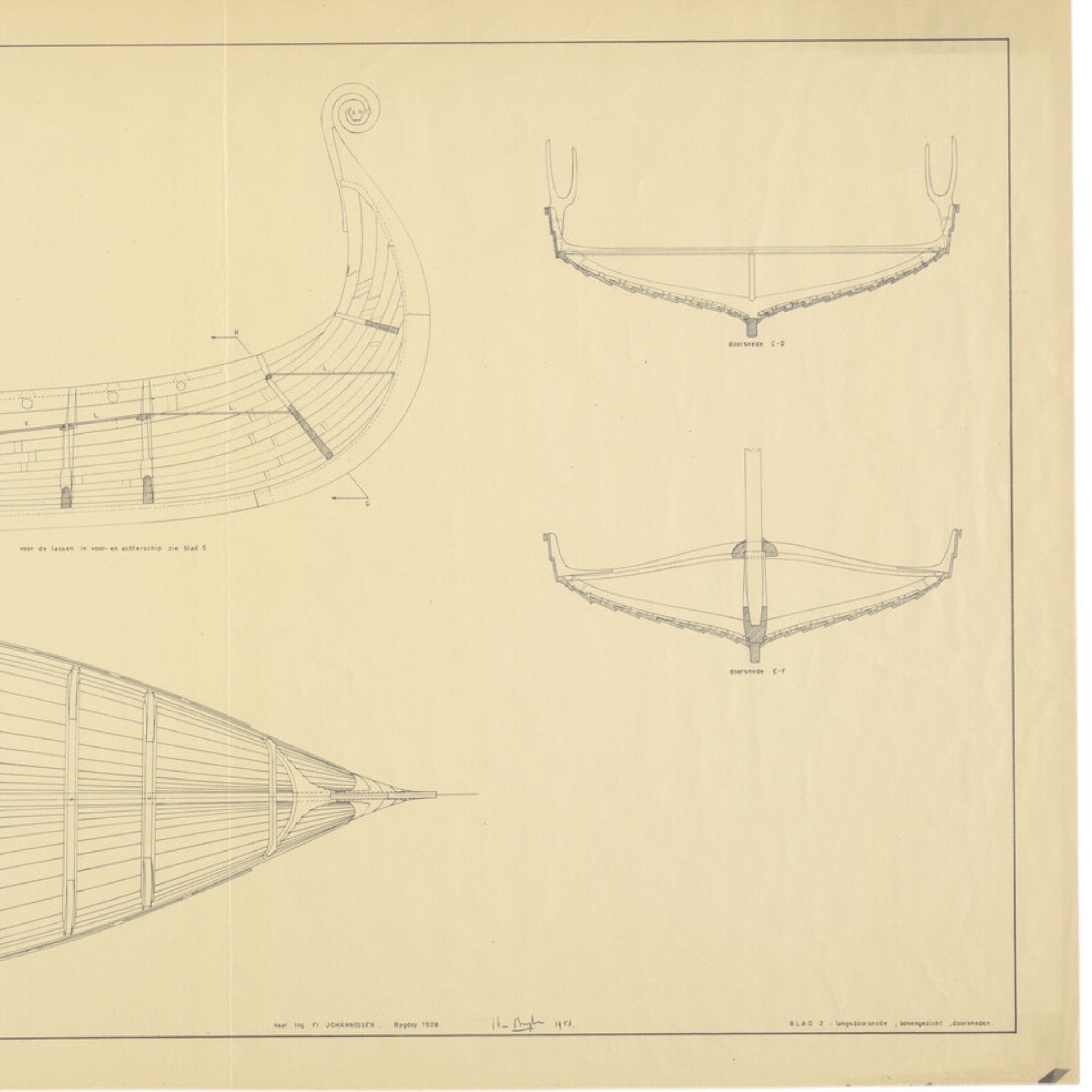 Reconstructietekening van het 'Osebergschip' (blad 2), 1953-zoom-3