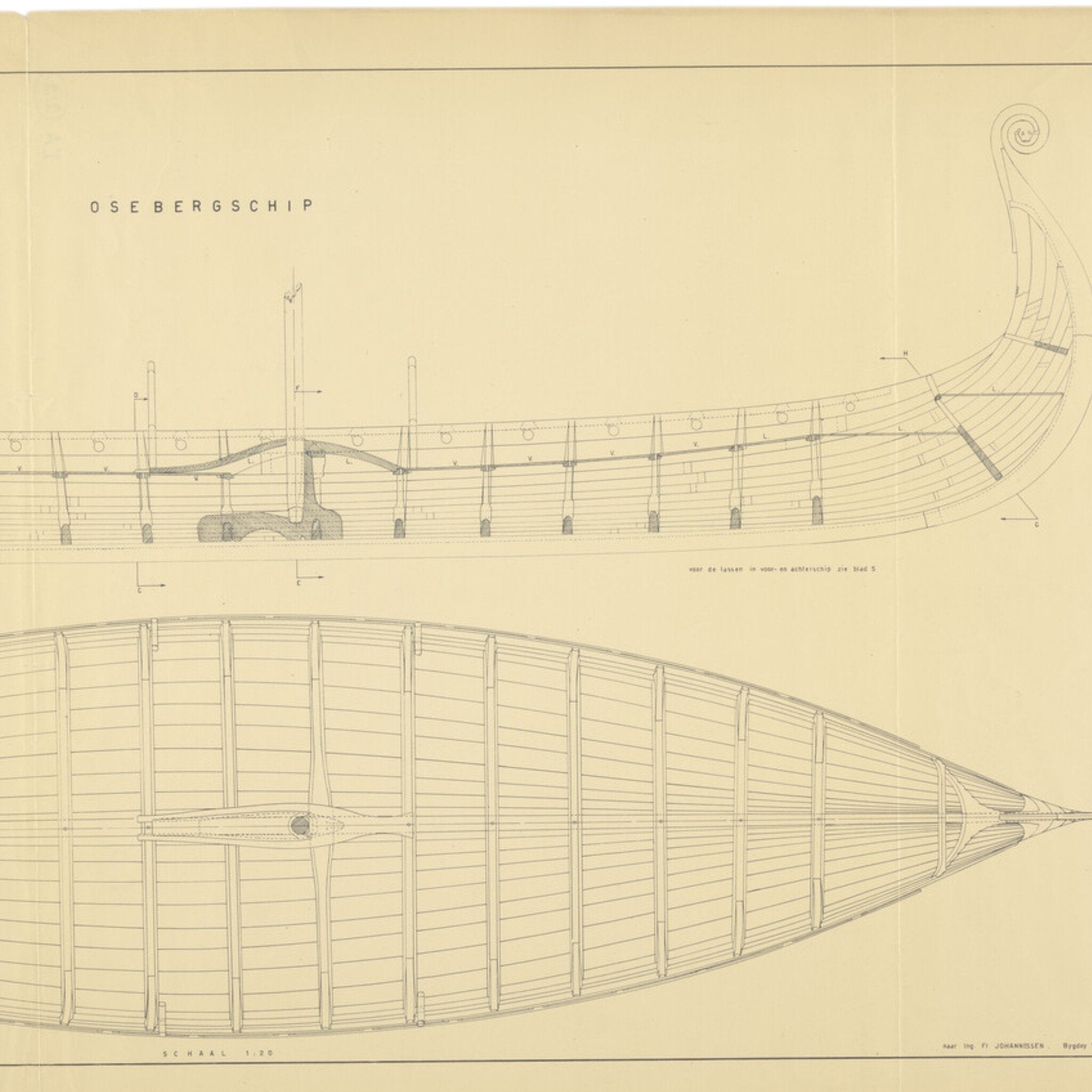 Reconstructietekening van het 'Osebergschip' (blad 2), 1953
