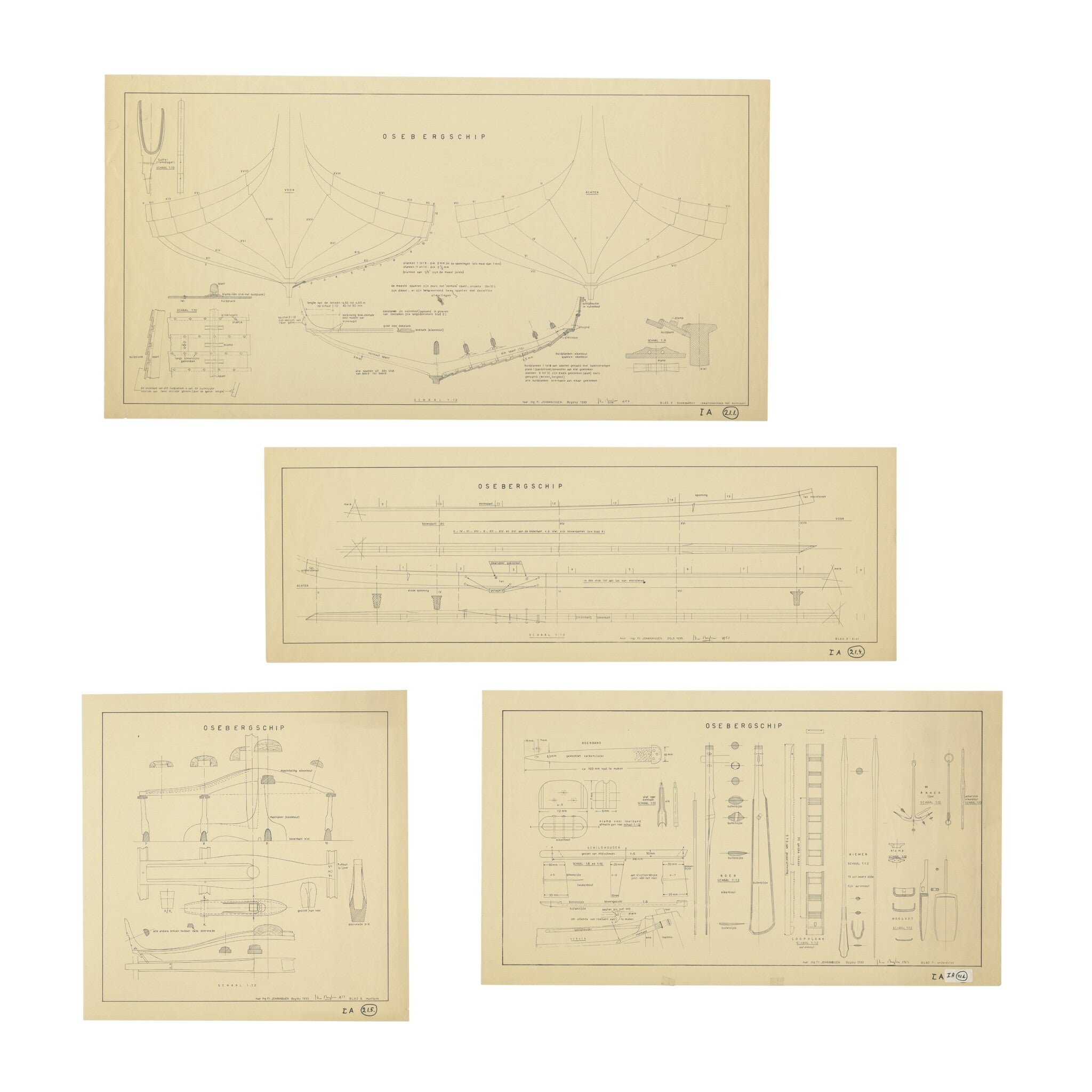 Vier reconstructietekeningen van het 'Osebergschip' (blad 3, 4, 6, 7), 1953