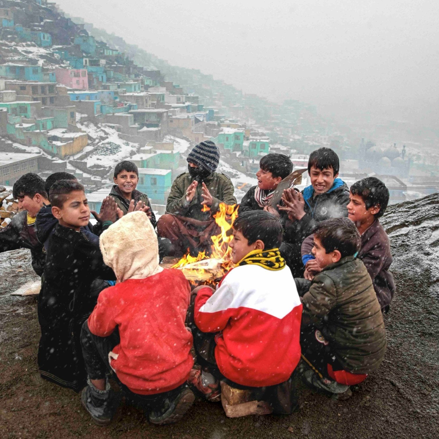 Hedayat Amid, 'Child labourers sitting around a fire', 1-1-2020-zoom-2